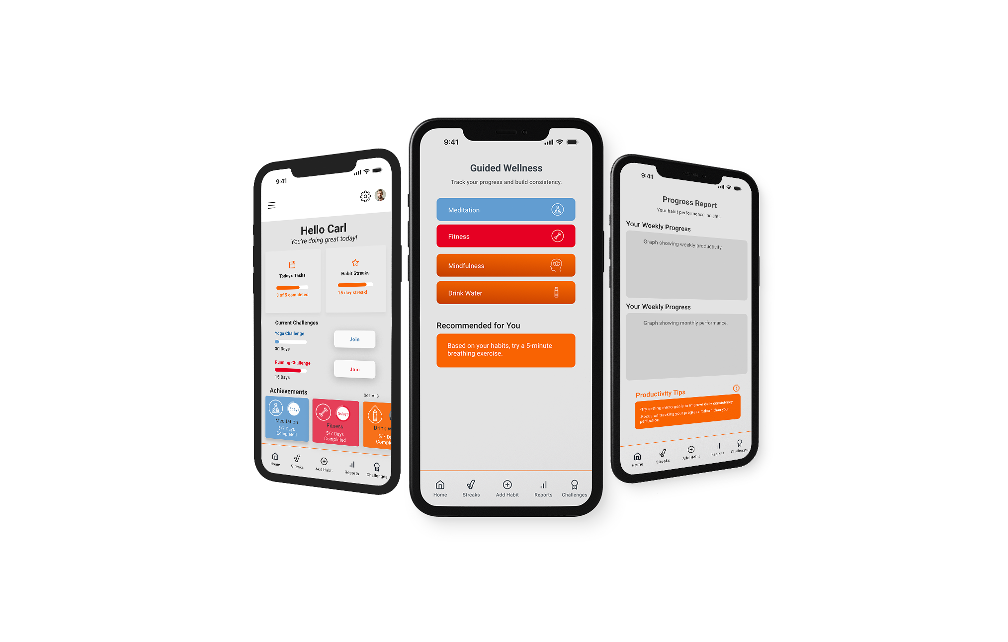 Three iPhone devices appear side by side showing low-fidelity wireframes of the app..