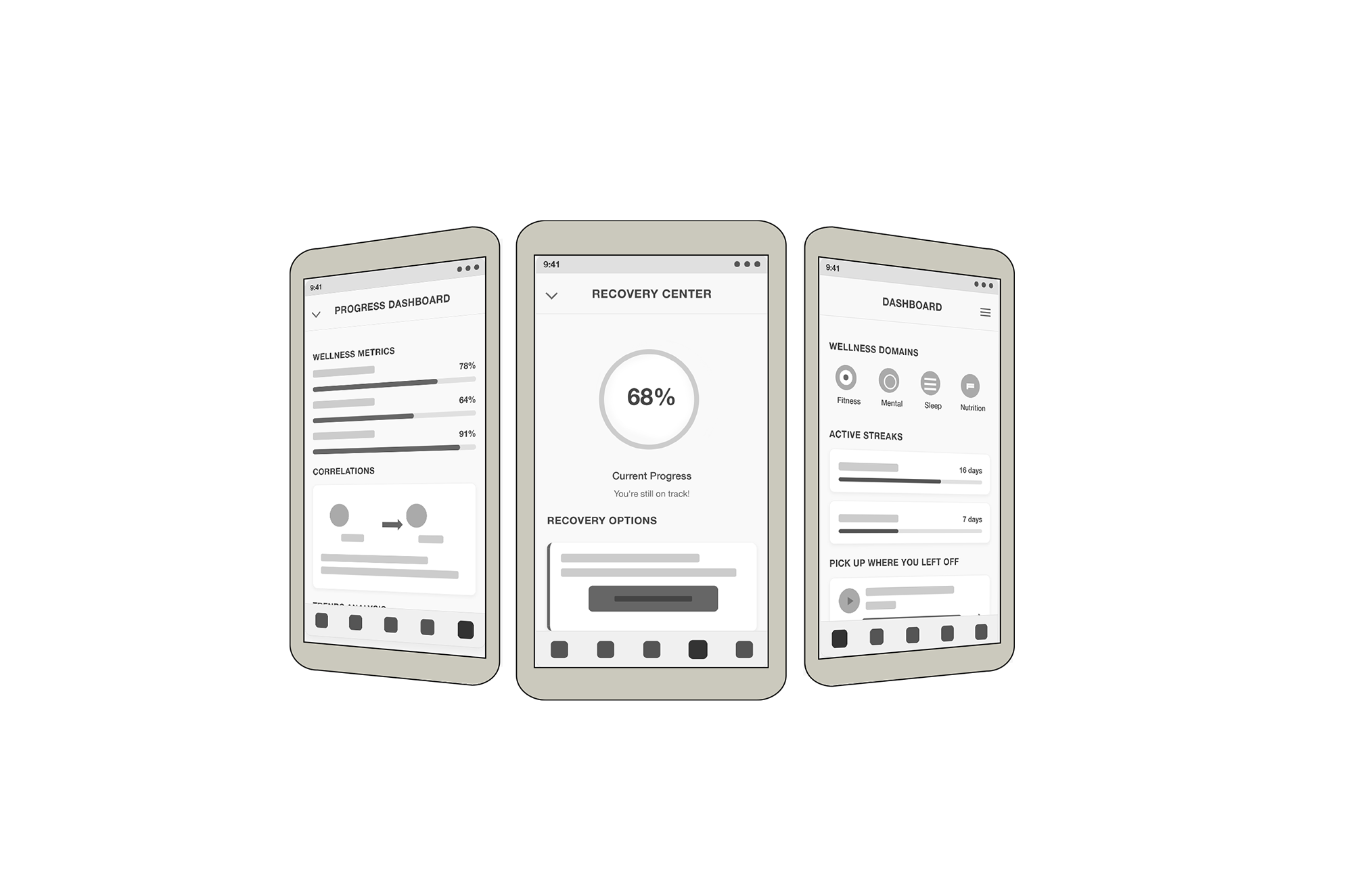 Three iPhone devices appear side by side showing low-fidelity wireframes of the app..