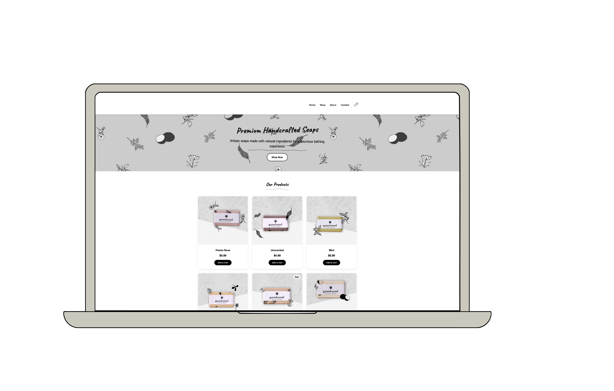 A Mac Book Pro displays landing page prototype and a display of the packaged design..
