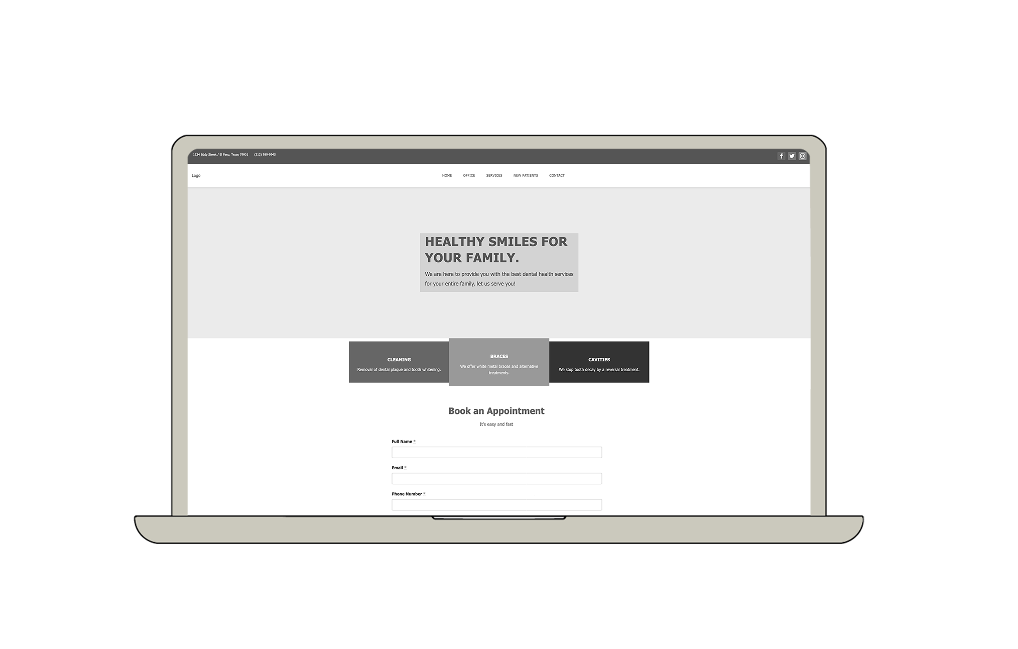 A Mac Book Pro displays landing page prototype of new design..